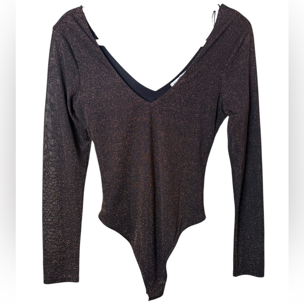 Socialite Black Metallic Long Sleeve V-Neck Bodysuit Size Medium
